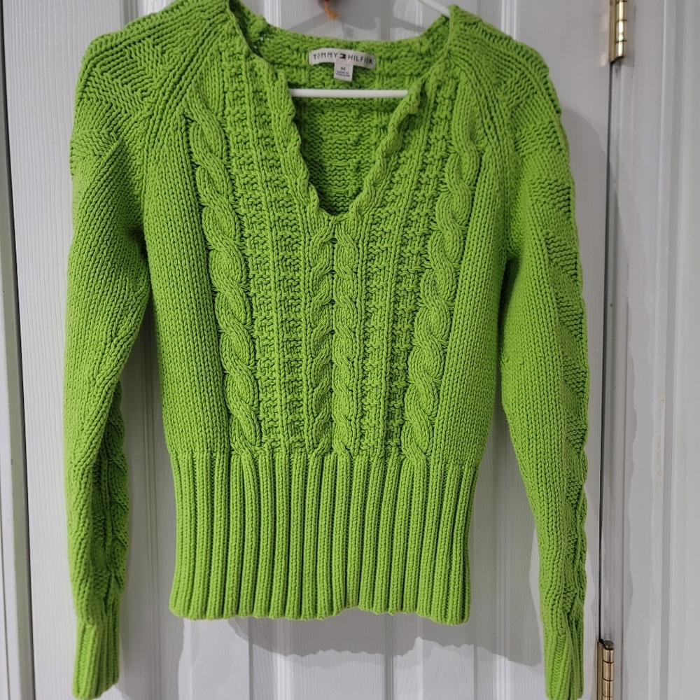 Tommy Hilfiger Lime V-Neck Cable Knit Sweater